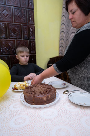A woman decorates a delicious chocolate cake as a young boy sits nearby, showing a moment of joy and togetherness in a warm setting.の写真素材