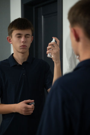 In a sleek bathroom, a young man stands before a mirror, carefully applying grooming spray as he...