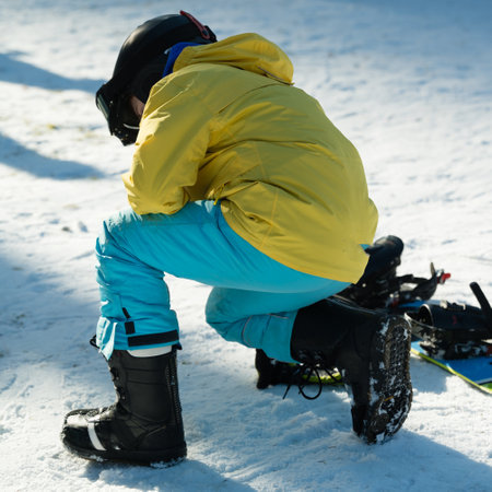 Child dressed in a bright yellow jacket crouches in the snow, fastening boots before a day of snowboarding on a sunny winter afternoon in a snowy landscape.の写真素材