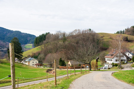 Rolling hills create a serene backdrop as a meandering road leads to cozy homes surrounded by lush greenery in a peaceful rural setting on a cloudy day.の写真素材