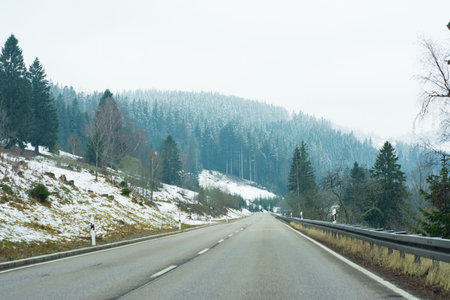 A serene drive along a snow-covered road, lined with pine trees as twilight descends and a soft layer of snow blankets the ground, creating a tranquil winter atmosphereの写真素材