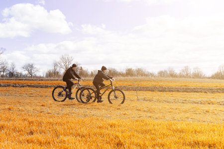 Two people cycle side-by-side across a vast, sunlit field of dry, golden grass. The sky is mostly clear with a few fluffy clouds. A peaceful, scenic countryside.の写真素材
