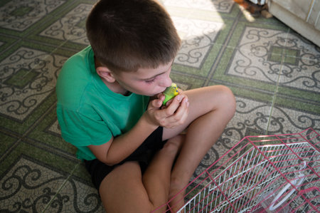 A young boy sits on the floor, lovingly holding a small, green and yellow budgie. A birdcage is visible nearby. The scene is intimate and heartwarming.の写真素材