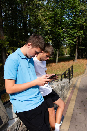 Two young men, casually dressed in a park, are focused on their phones. The scene includes trees, a stone wall, and a walkway, indicating an outdoor, possibly autumnal, setting.の写真素材