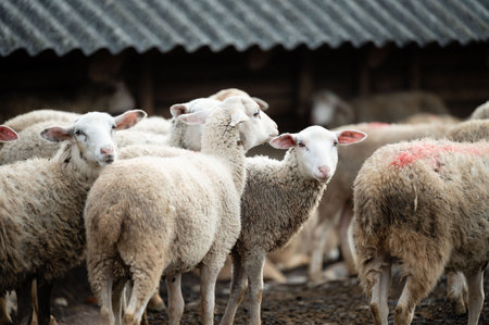 A flock of sheep stands closely together beneath an old shelter, their woolly coats creating a warm atmosphere as dawn breaks in a peaceful rural setting.の写真素材
