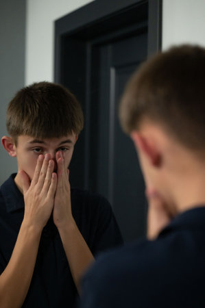 A young individual stands before a mirror, hands covering their face, lost in thought. The ambiance...