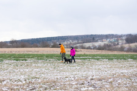 Two figures walk side by side, navigating a snowy field with a loyal dog.の写真素材
