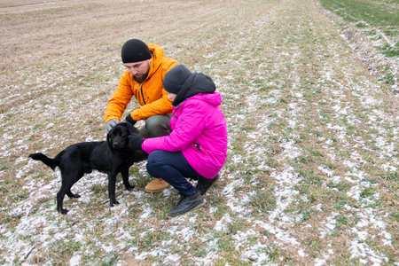 A man and a woman kneel in a snowy field, warmly dressed, playing with a cheerful black dog. The soft snow covers the ground as winter's chill embraces the landscape.の写真素材