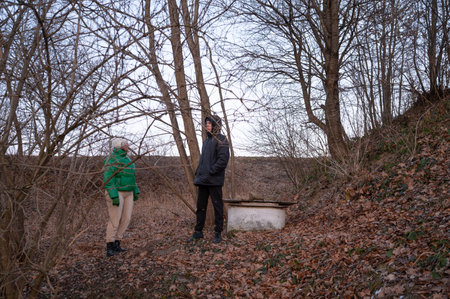 Beneath the bare branches in a serene wooded setting at dusk, two friends converse and enjoy each other's company, surrounded by a sea of fallen leaves.の写真素材