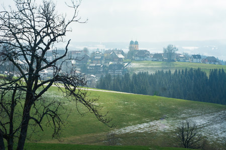 A peaceful village rests on gently sloping hillsides, surrounded by lush greenery and patches of snow.の写真素材