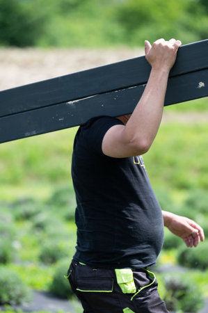 A man carries a wooden beam for installing a gazebo in a lavender field, installation work.の写真素材