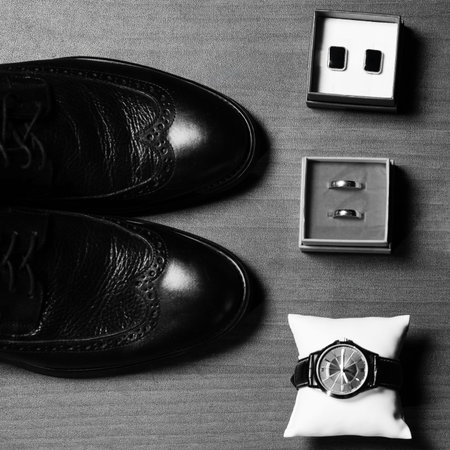 A black and white overhead shot of a groom's attire laid out on a surface. Includes dress shoes, cufflinks, wedding rings, and a wristwatch, all neatly arranged.の写真素材