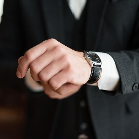 Close-up of a man's hand adjusting a wristwatch. The watch features a silver case and a black leather band.  He is wearing a dark suit.の写真素材