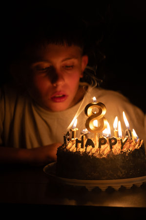 A young boy leans in with anticipation, about to blow out the candles on his delicious birthday cake...