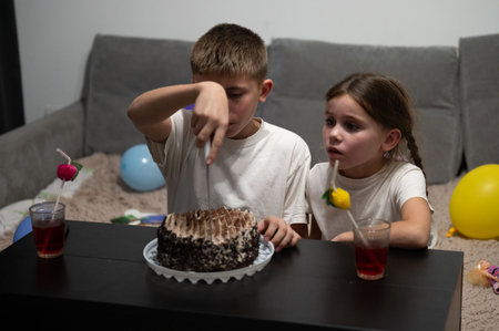 Two excited children sit together at a low table, ready to enjoy their cake. Vibrant balloons surround them while they share the joy of a delightful birthday celebration.の写真素材