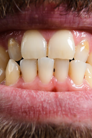 Detailed image of slightly discolored adult teeth and pink gums. The image highlights dental health and hygiene.の写真素材
