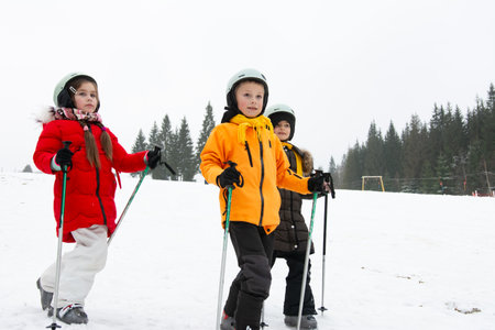 Three enthusiastic children gear up for skiing, blending vibrant jackets with the snowy landscape, as they prepare to explore the winter terrain beneath a gray sky.の写真素材