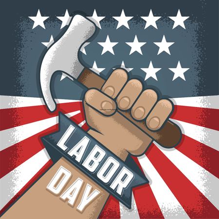Labor day, Flayer and banner. Hand holding a tool. Worker with a Hammerのイラスト素材