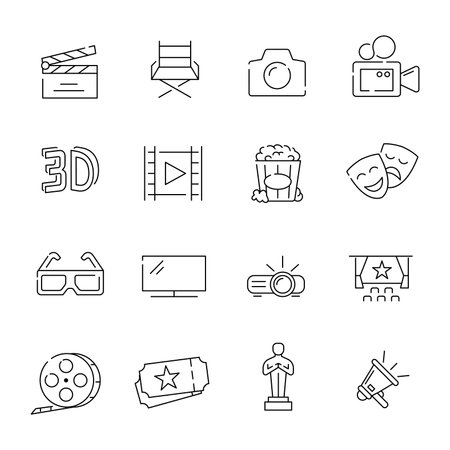 Set of cinema icons in thin line outline batch. Collection of movie icons in outline set combination.のイラスト素材