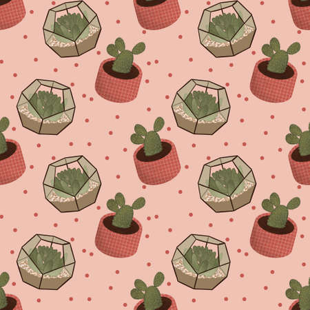 Seamless Pattern Cute Pastel Succulents Cacti Flowers Cactus Giftwrap Illustration Style Fabric Licensing Desert Decor Textureの写真素材