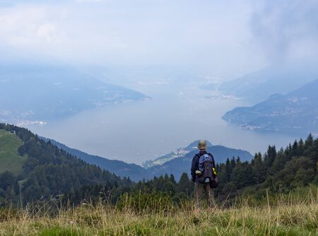 Trekking scene on lake como alpsの写真素材