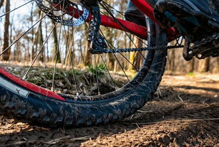 Mountain bike tyre close-up on a trail