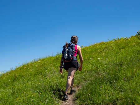 Trekking scene on Lake Como alpsの写真素材