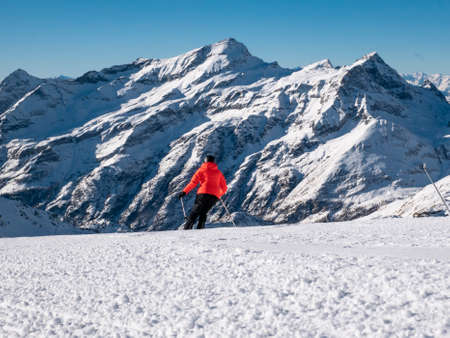 Skier on a ski slope in Gressoneyの写真素材