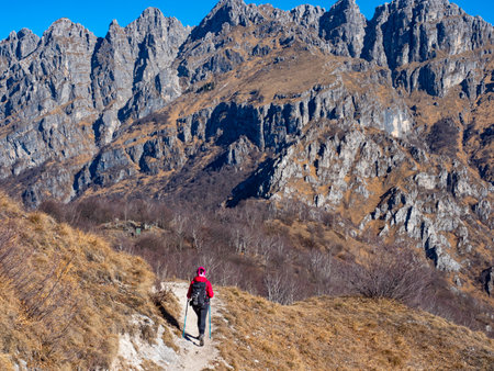 Trekking scene on Lake Como Alpsの写真素材