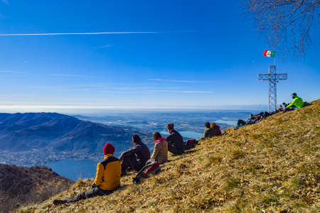 Trekking group on Lake Como alpsの写真素材