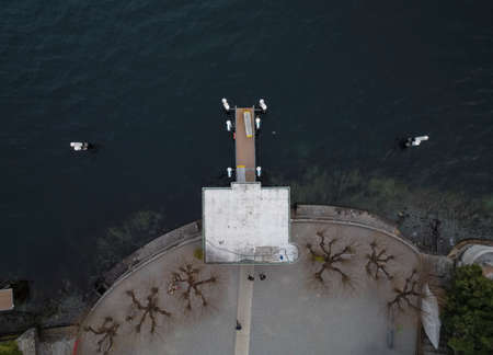 Aerial view of a ferry dock on Lake Comoの写真素材