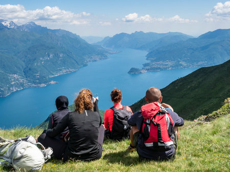 Trekking scene on Lake Como Alpsの写真素材