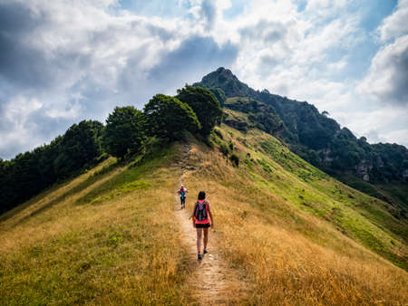 Trekking scene in the Italian alps of Lake Comoの写真素材
