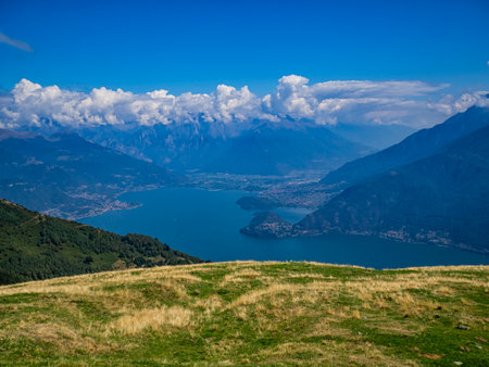 View of Lake Como and Valtellina from Bregnano mountainの写真素材