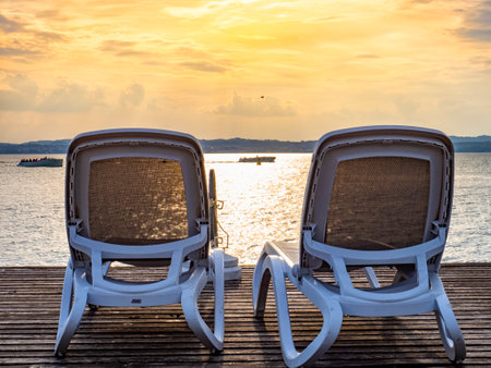 Sunset on Lake Garda in autumnの写真素材