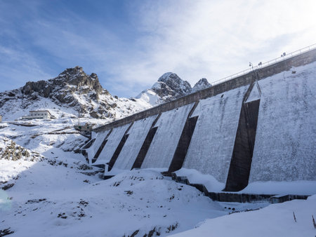 Alpine dam in the alps of Valgerolaの写真素材