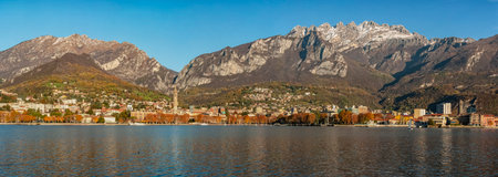 Landscape of Lecco town in an autumnal eveningの写真素材