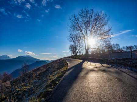 Sunrise on a road in the alpsの写真素材
