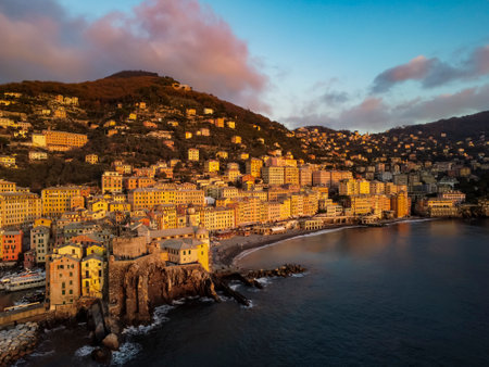 Waterfront buildings in Camogli townの写真素材