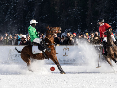 St. Moritz - January 29, 2023: Game actions at the Snow Polo World Cup St.Moritz 2023 finalsのeditorial素材