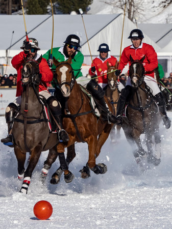 St. Moritz - January 29, 2023: Game actions at the Snow Polo World Cup St.Moritz 2023 finalsのeditorial素材
