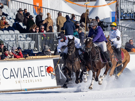 St. Moritz - January 29, 2023: Game actions at the Snow Polo World Cup St.Moritz 2023 finalsのeditorial素材
