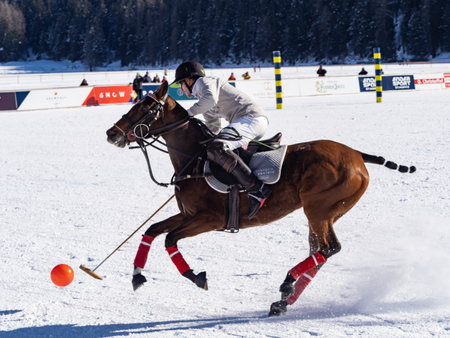 St. Moritz - January 29, 2023: Game actions at the Snow Polo World Cup St.Moritz 2023 finalsのeditorial素材