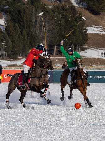 St. Moritz - January 29, 2023: Game actions at the Snow Polo World Cup St.Moritz 2023 finalsのeditorial素材