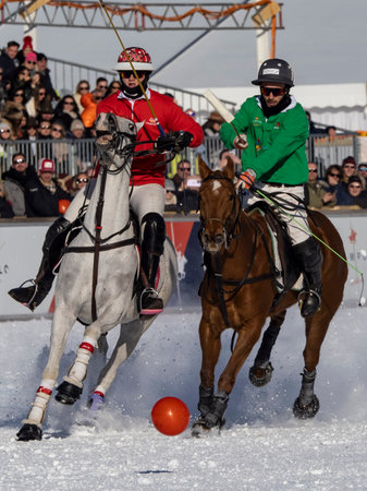 St. Moritz - January 29, 2023: Game actions at the Snow Polo World Cup St.Moritz 2023 finalsのeditorial素材
