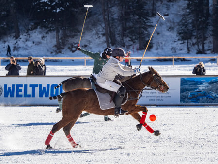 St. Moritz - January 29, 2023: Game actions at the Snow Polo World Cup St.Moritz 2023 finalsのeditorial素材