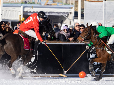St. Moritz - January 29, 2023: Game actions at the Snow Polo World Cup St.Moritz 2023 finalsのeditorial素材