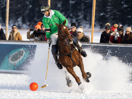 St. Moritz - January 29, 2023: Game actions at the Snow Polo World Cup St.Moritz 2023 finalsのeditorial素材