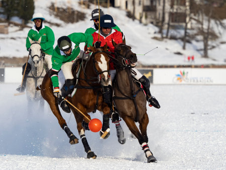 St. Moritz - January 29, 2023: Game actions at the Snow Polo World Cup St.Moritz 2023 finalsのeditorial素材