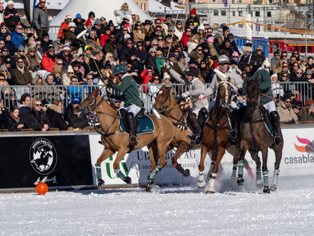 St. Moritz - January 29, 2023: Game actions at the Snow Polo World Cup St.Moritz 2023 finalsのeditorial素材